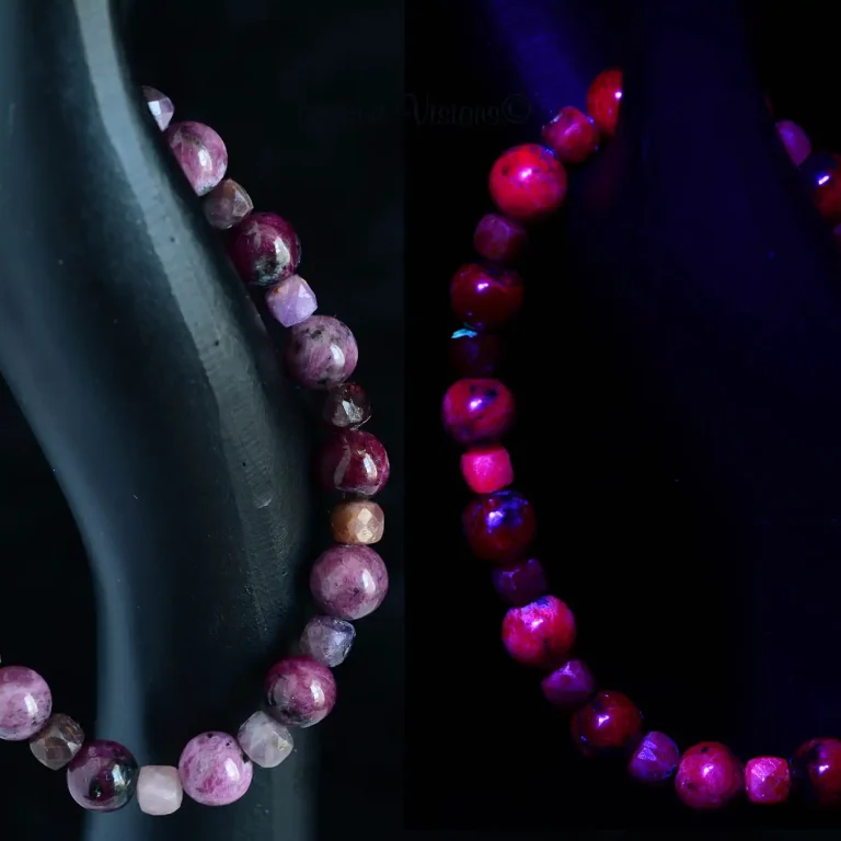 Picture of a ruby beaded bracelet in daylight and under a black light